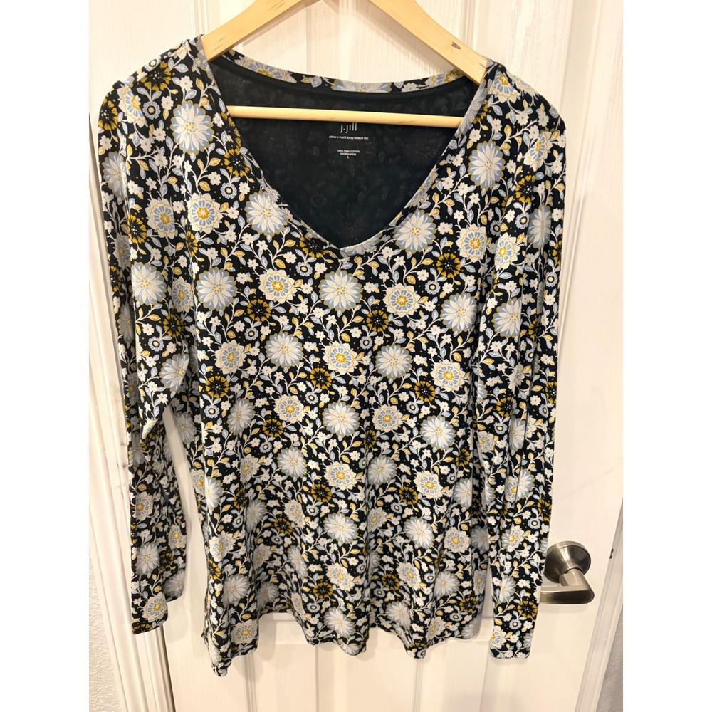 J. Jill Pima V-Neck Long-Sleeve Tee Black Floral Print Cotton Top L Large